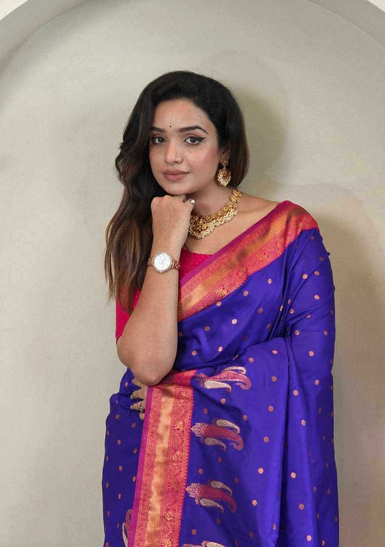 Magenta Zari Work Silk Blend Saree Set for Diwali and Festive Wear - Indya