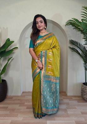 Mehendi Zari Work Silk Blend Saree Set