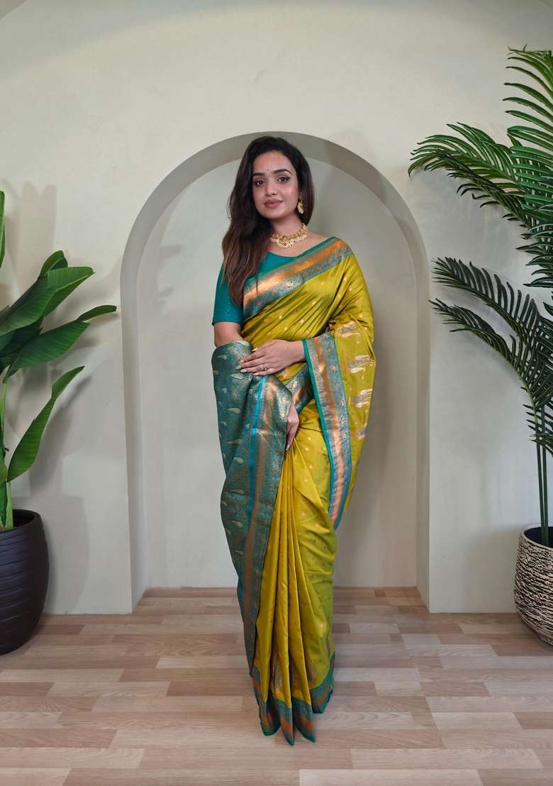 Mehendi Silk Blend Saree Set with Zari Work for Diwali | Wedding & Festive Wear - Indya