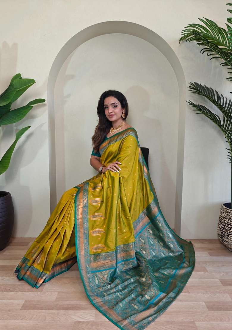 Mehendi Silk Blend Saree Set with Zari Work for Diwali | Wedding & Festive Wear - Indya