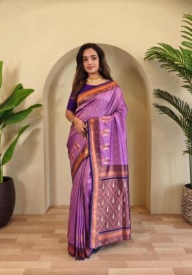 Onion Pink Zari Work Silk Blend Saree Set
