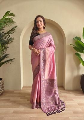 Baby Pink Zari Work Silk Blend Saree Set