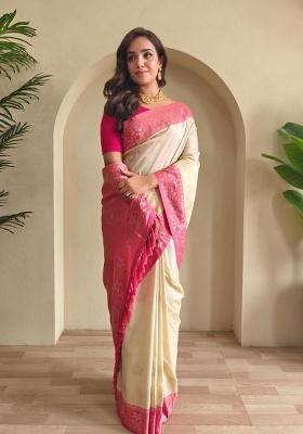 Cream Zari Work Silk Blend Saree Set