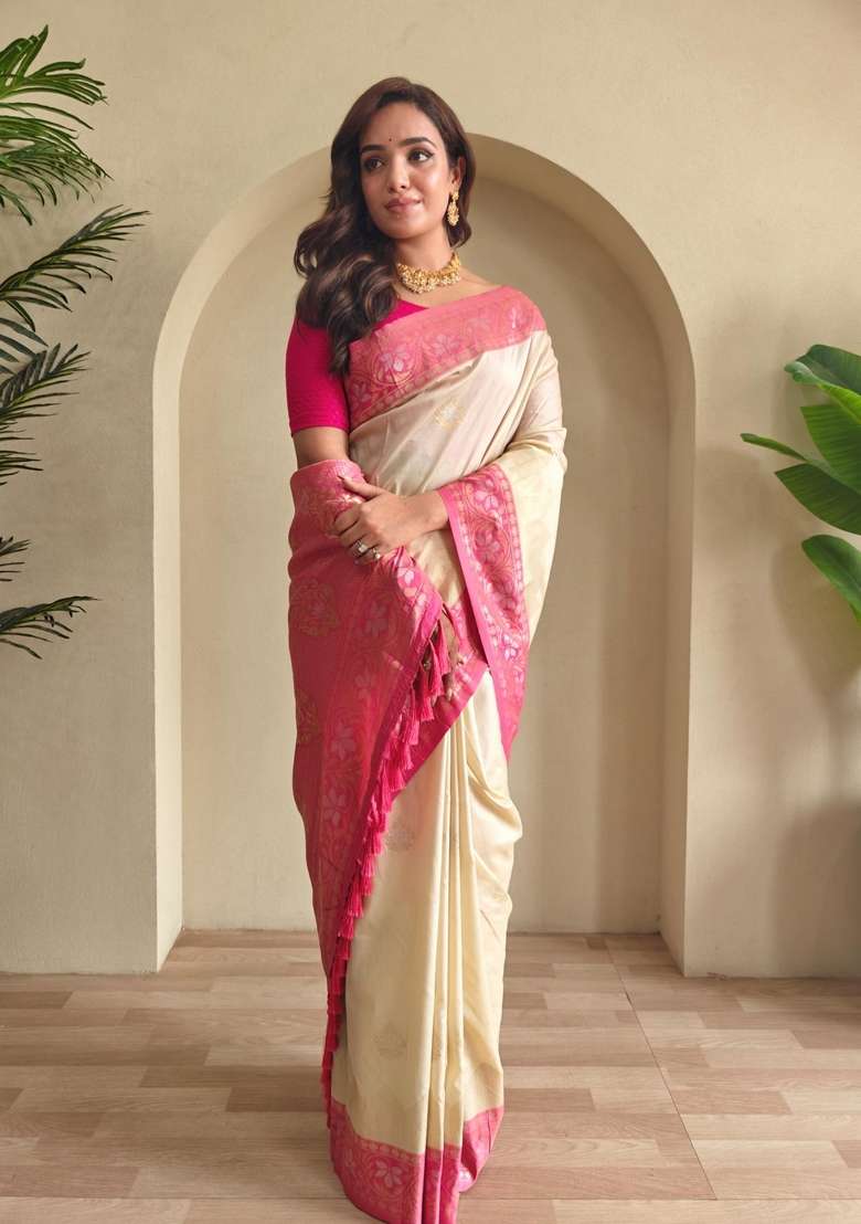 Cream Zari Work Silk Blend Saree Set for Diwali and Festive Wear - Indya