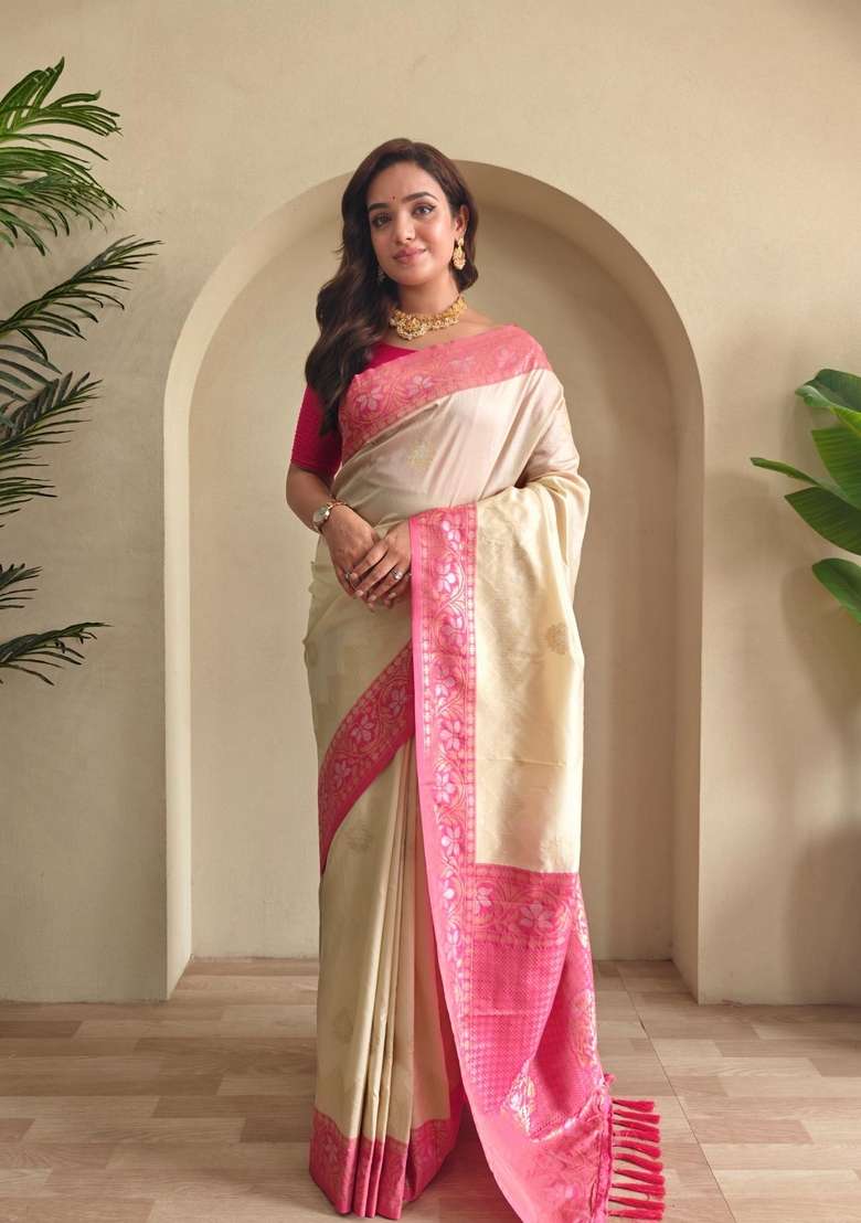 Cream Zari Work Silk Blend Saree Set for Diwali and Festive Wear - Indya