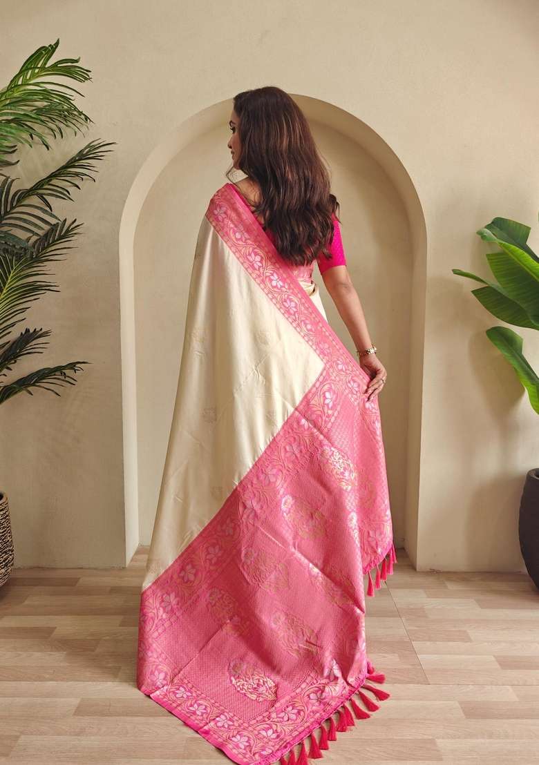 Cream Zari Work Silk Blend Saree Set for Diwali and Festive Wear - Indya