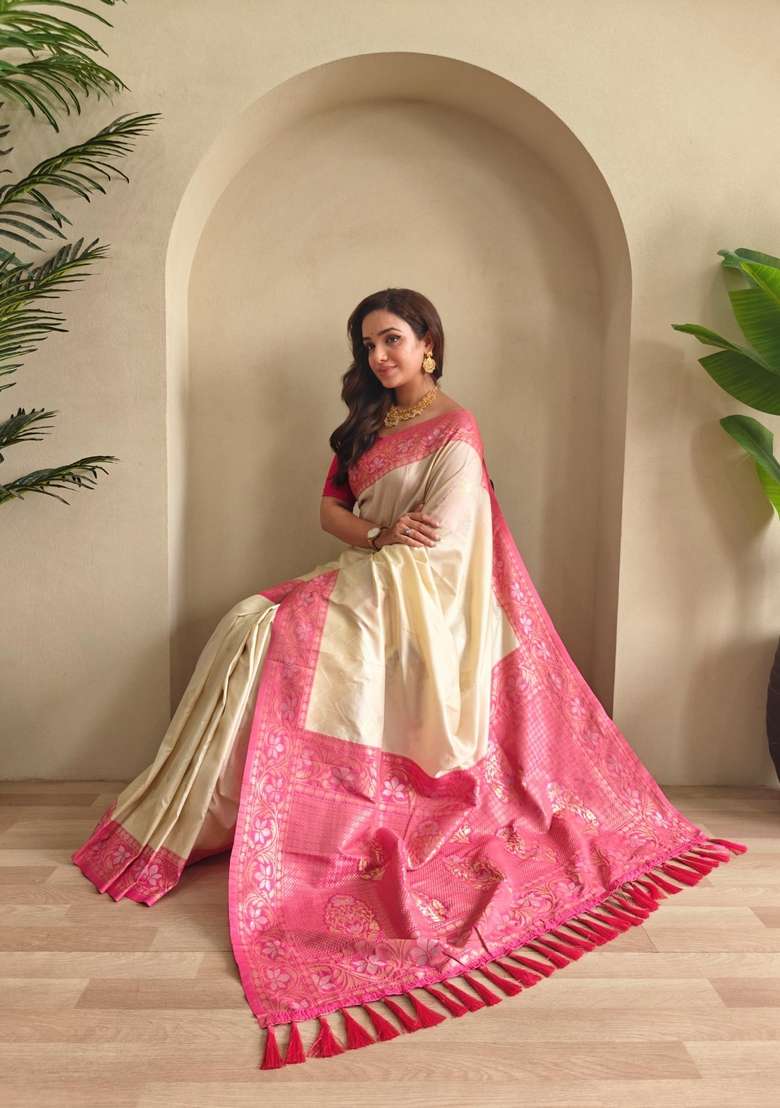 Cream Zari Work Silk Blend Saree Set for Diwali and Festive Wear - Indya