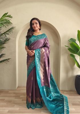 Dark Onion Pink Zari Work Silk Blend Saree Set