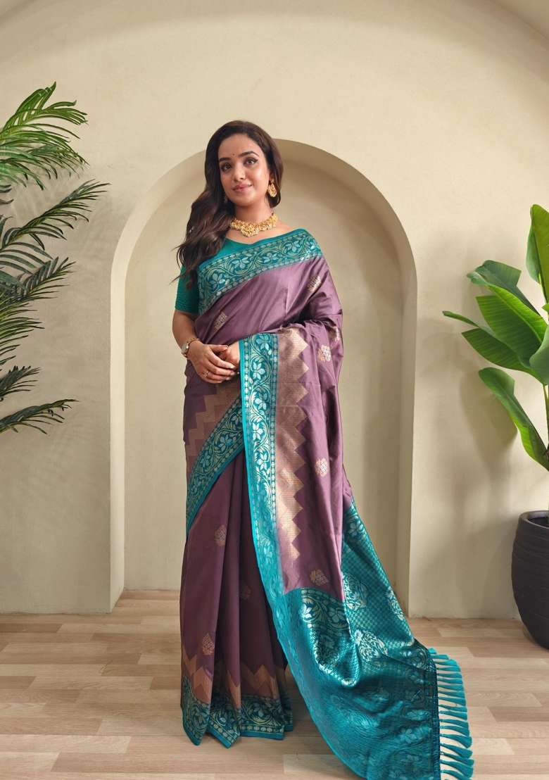 Dark Onion Pink Zari Work Silk Blend Saree Set for Diwali and Festive Wear - Indya