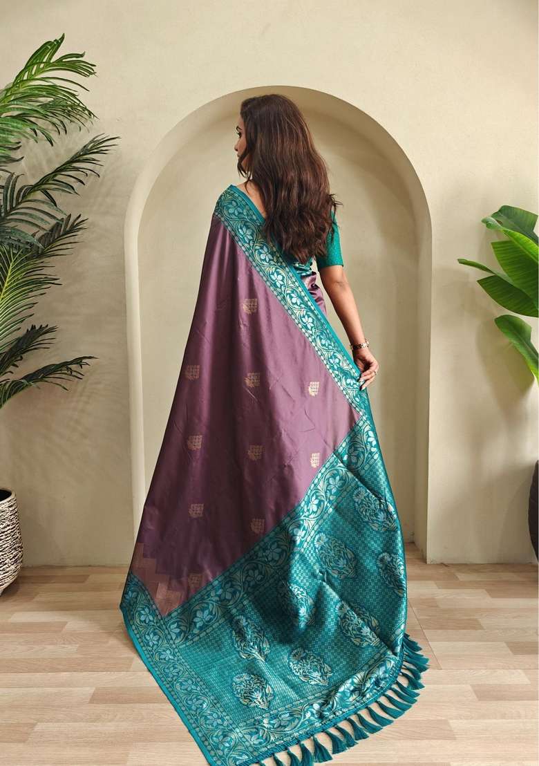 Dark Onion Pink Zari Work Silk Blend Saree Set for Diwali and Festive Wear - Indya
