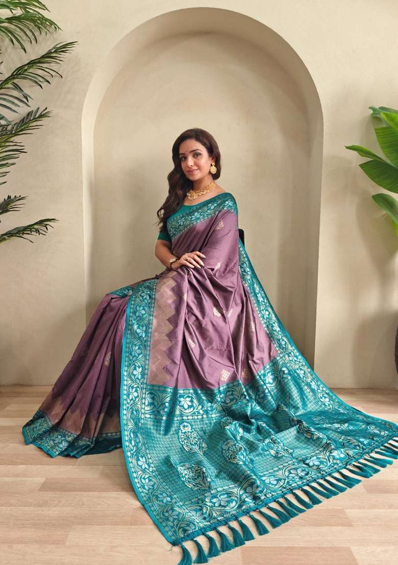 Dark Onion Pink Zari Work Silk Blend Saree Set for Diwali and Festive Wear - Indya