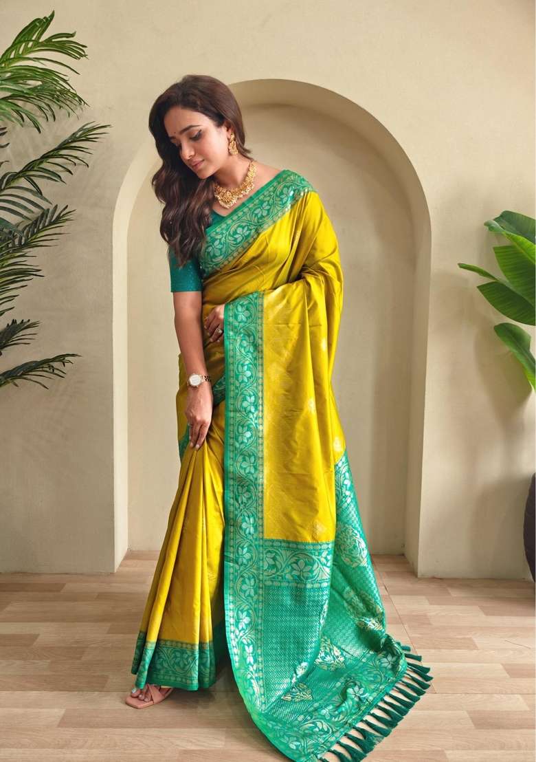 Lemon Silk Blend Saree Set with Zari Work for Diwali | Wedding & Festive Wear - Indya