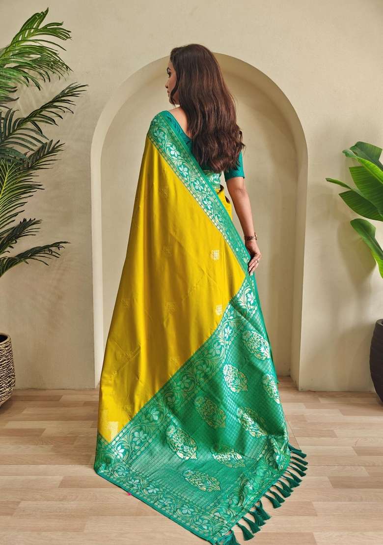 Lemon Silk Blend Saree Set with Zari Work for Diwali | Wedding & Festive Wear - Indya