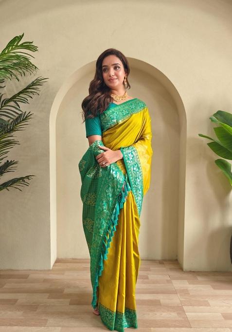 Lemon Zari Work Silk Saree Set — view on Indya