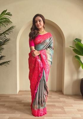 Light Green Zari Work Silk Blend Saree Set