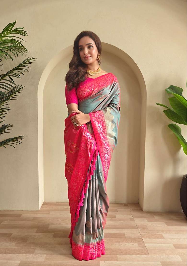 Light Green Zari Work Silk Blend Saree Set for Diwali and Festive Wear - Indya