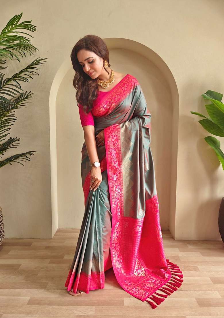 Light Green Zari Work Silk Blend Saree Set for Diwali and Festive Wear - Indya