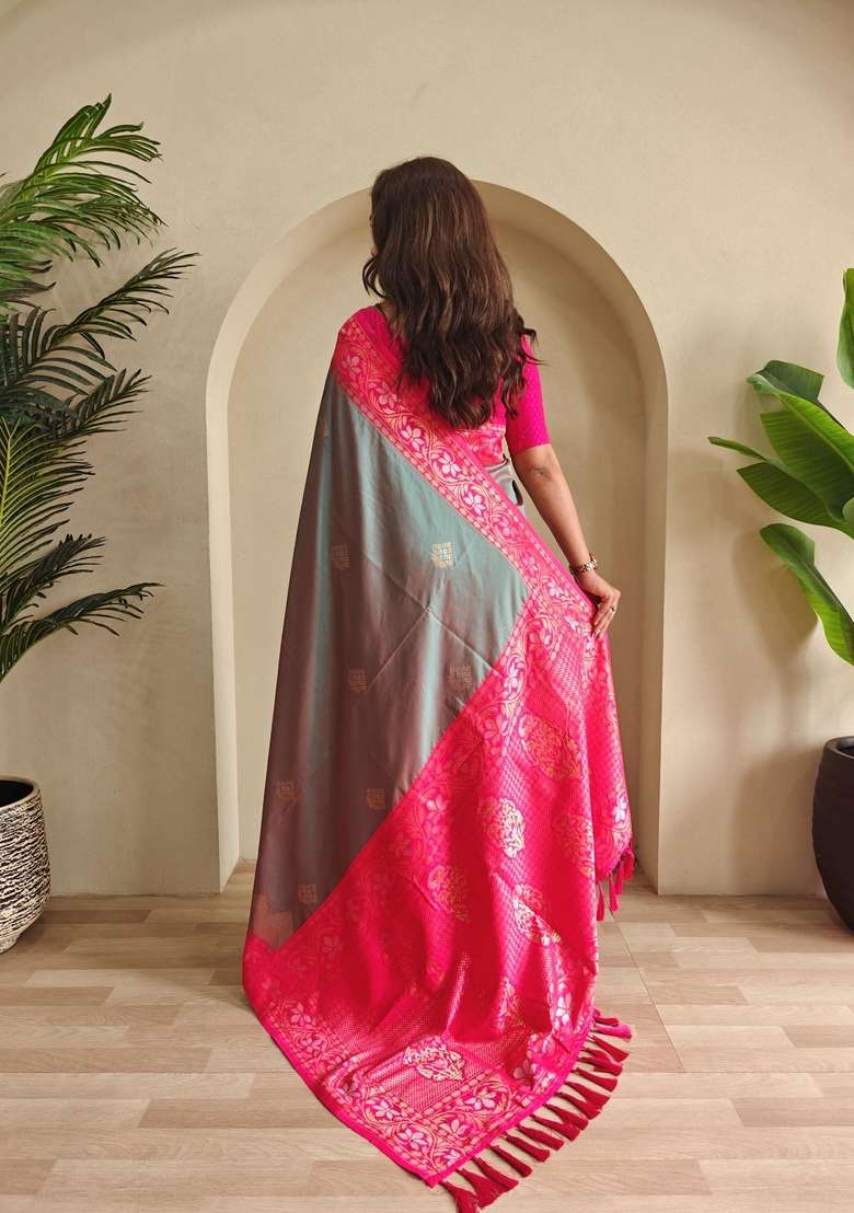 Light Green Zari Work Silk Blend Saree Set for Diwali and Festive Wear - Indya
