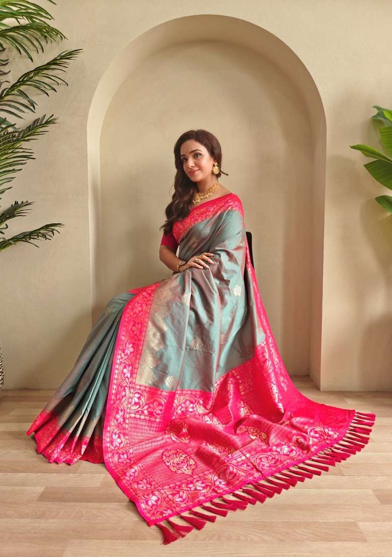 Light Green Zari Work Silk Blend Saree Set for Diwali and Festive Wear - Indya