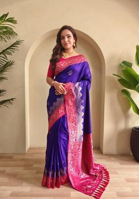 Magenta Zari Work Silk Blend Saree Set