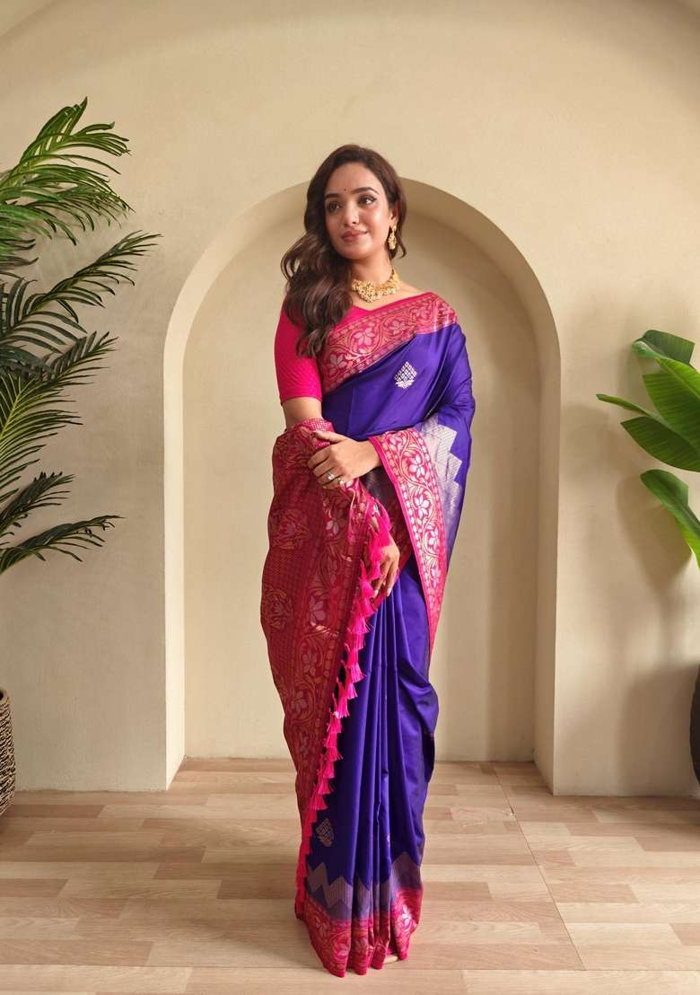 Magenta Zari Work Silk Blend Saree Set for Diwali and Festive Wear - Indya
