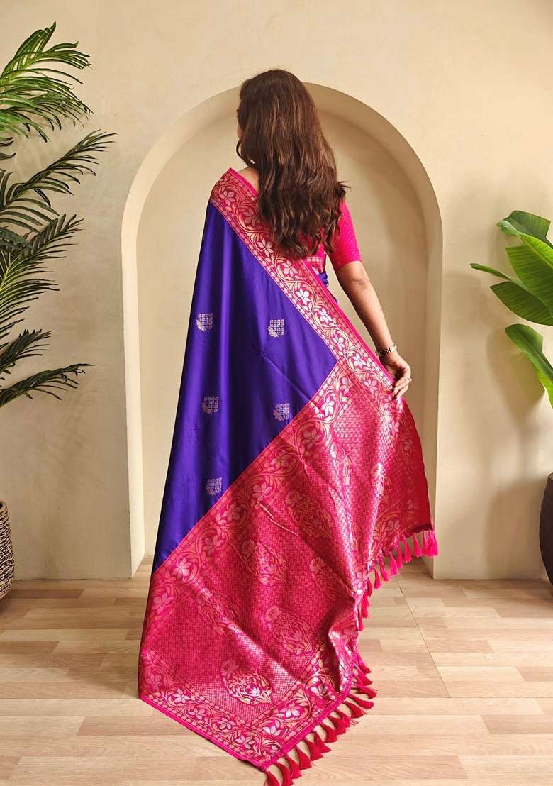 Magenta Zari Work Silk Blend Saree Set for Diwali and Festive Wear - Indya