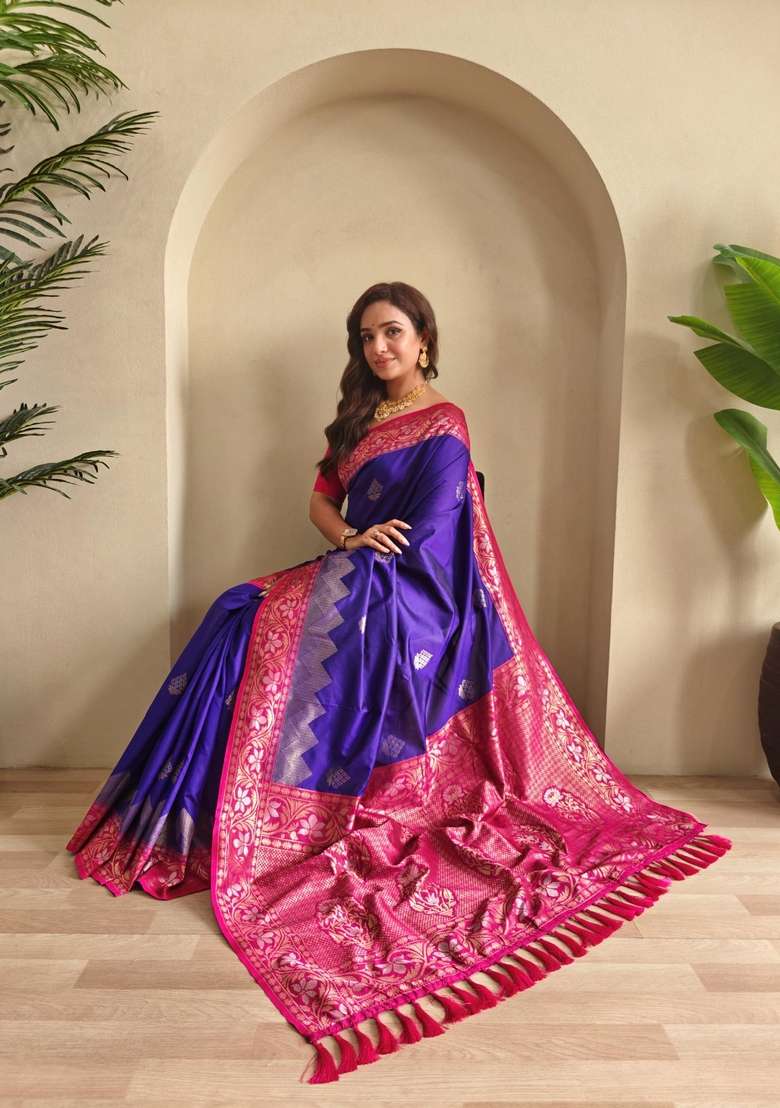 Magenta Zari Work Silk Blend Saree Set for Diwali and Festive Wear - Indya