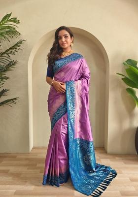 Onion Pink Zari Work Silk Blend Saree Set