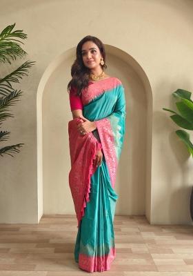 Rama Green Zari Work Silk Blend Saree Set