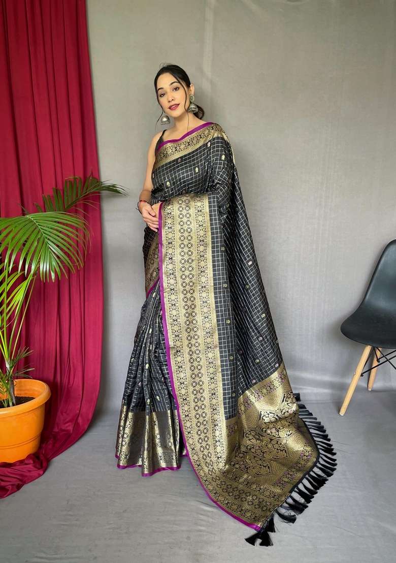Black Zari Work Silk Blend Saree Set for Diwali and Festive Wear - Indya