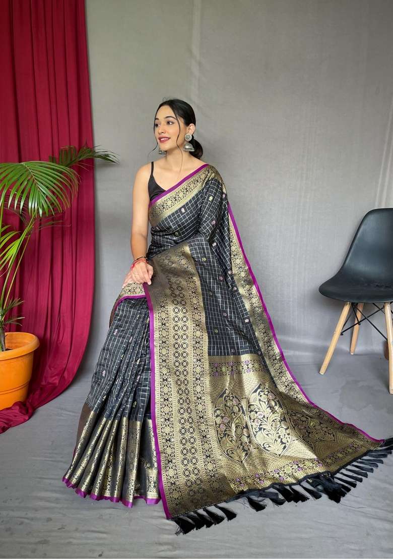 Black Zari Work Silk Blend Saree Set for Diwali and Festive Wear - Indya