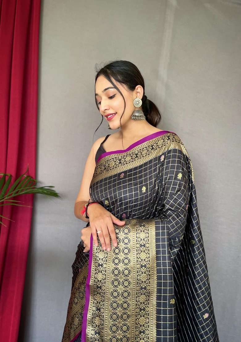 Black Zari Work Silk Blend Saree Set for Diwali and Festive Wear - Indya