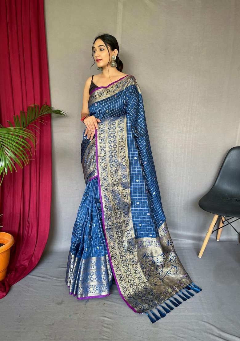 Blue Silk Blend Saree Set with Zari Work for Diwali | Wedding & Festive Wear - Indya