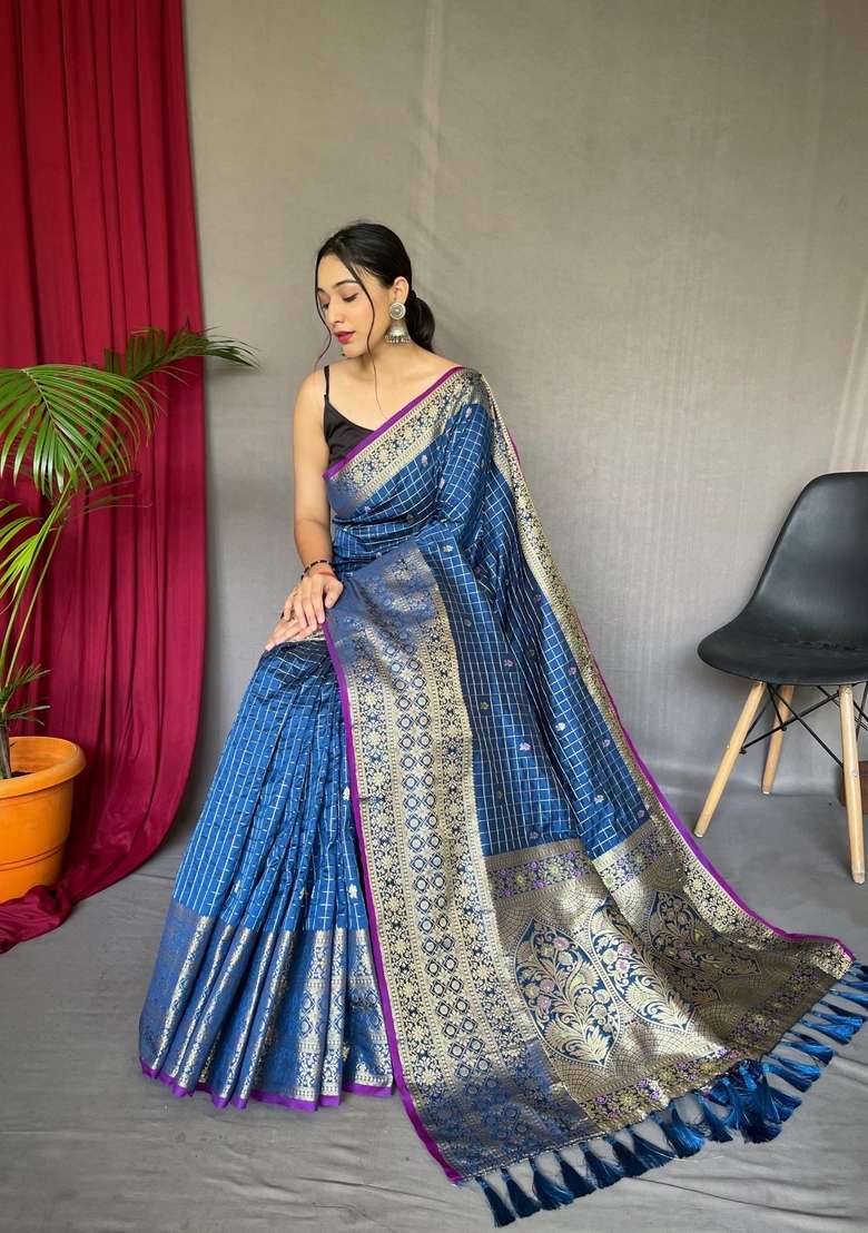 Blue Silk Blend Saree Set with Zari Work for Diwali | Wedding & Festive Wear - Indya