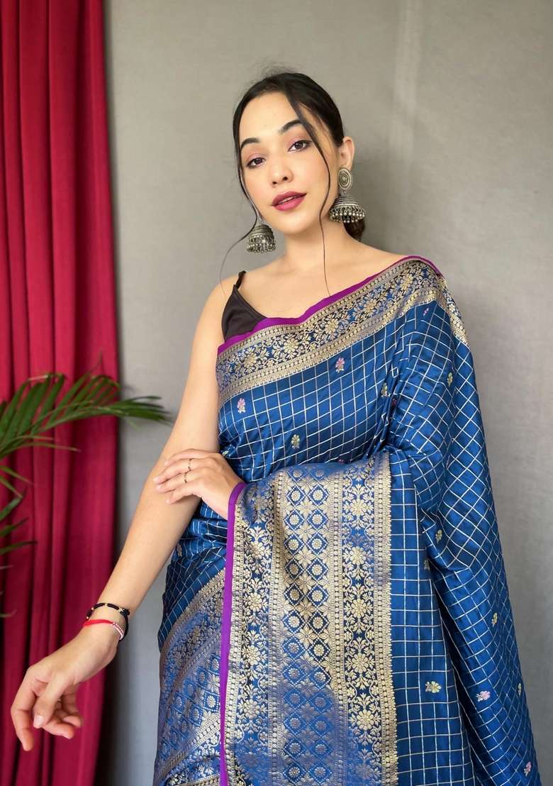 Blue Silk Blend Saree Set with Zari Work for Diwali | Wedding & Festive Wear - Indya