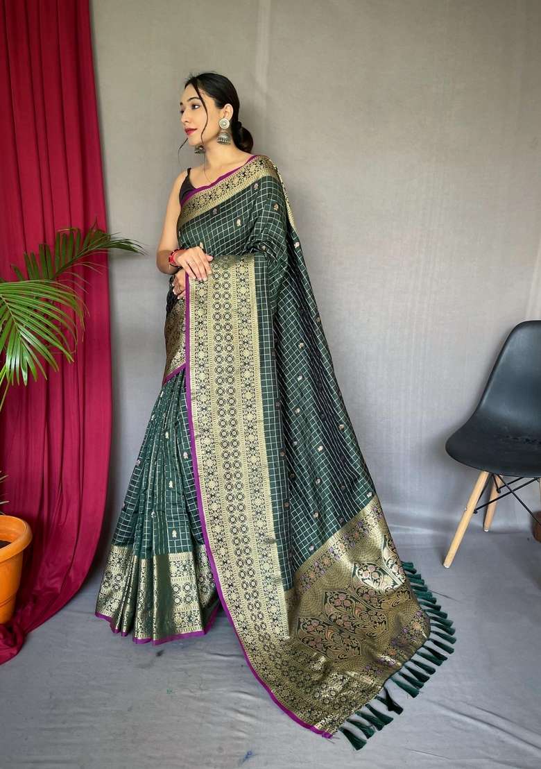 Green Zari Work Silk Blend Saree Set for Diwali and Festive Wear - Indya