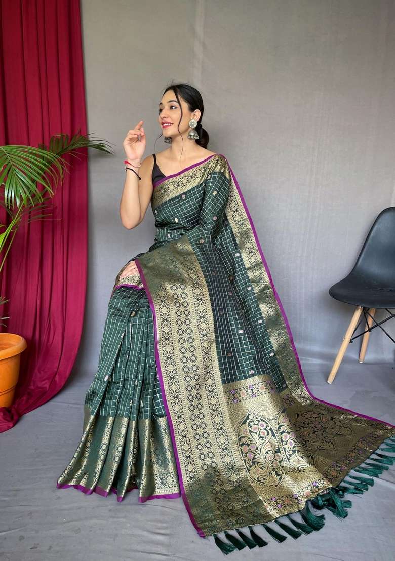 Green Zari Work Silk Blend Saree Set for Diwali and Festive Wear - Indya