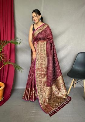 Maroon Zari Work Silk Blend Saree Set