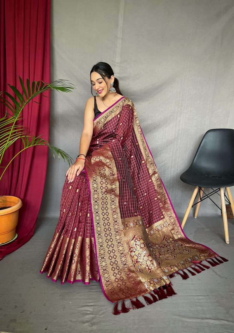 Maroon Zari Work Silk Blend Saree Set for Diwali and Festive Wear - Indya