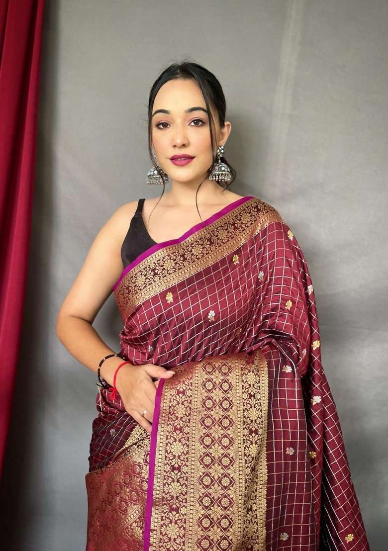 Maroon Zari Work Silk Blend Saree Set for Diwali and Festive Wear - Indya