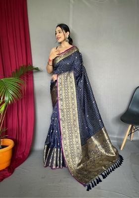 Navy Blue Zari Work Silk Blend Saree Set