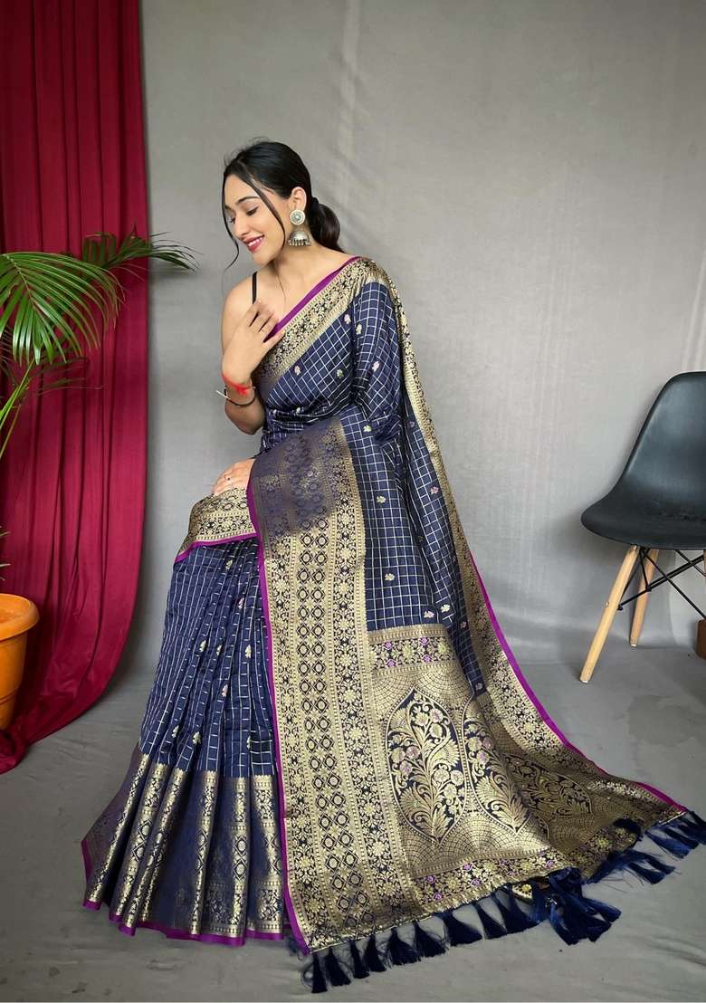 Navy Blue Zari Work Silk Blend Saree Set for Diwali and Festive Wear - Indya