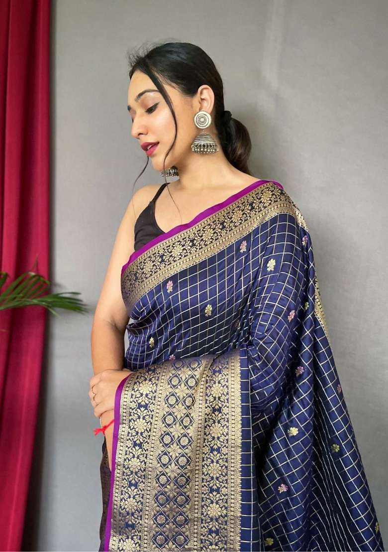 Navy Blue Zari Work Silk Blend Saree Set for Diwali and Festive Wear - Indya