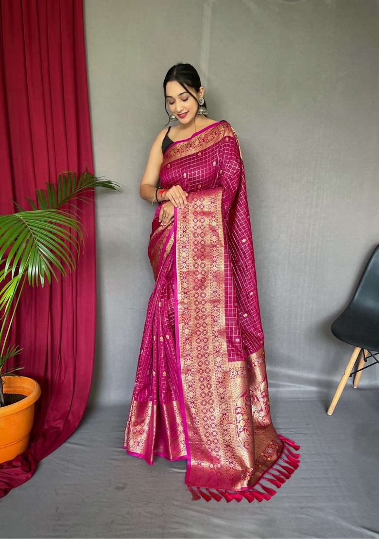 Pink Zari Work Silk Blend Saree Set for Diwali and Festive Wear - Indya