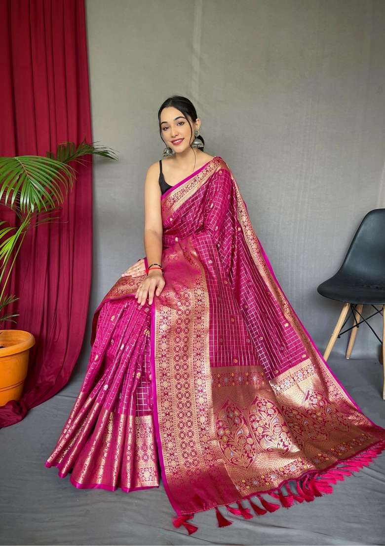 Pink Zari Work Silk Blend Saree Set for Diwali and Festive Wear - Indya