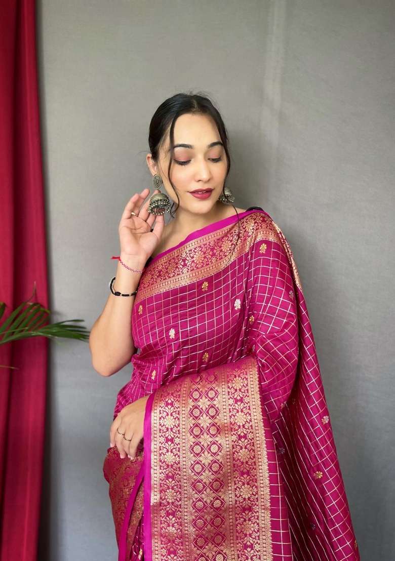 Pink Zari Work Silk Blend Saree Set for Diwali and Festive Wear - Indya