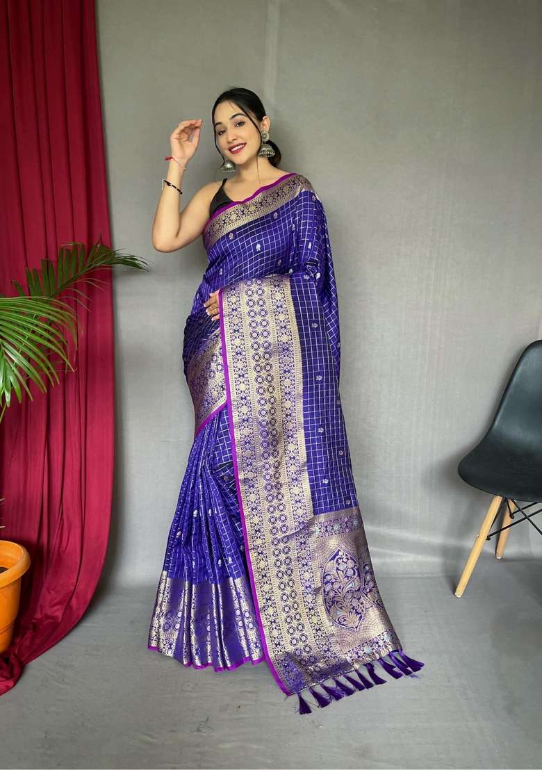 Purple Silk Blend Saree Set with Zari Work for Diwali | Wedding & Festive Wear - Indya