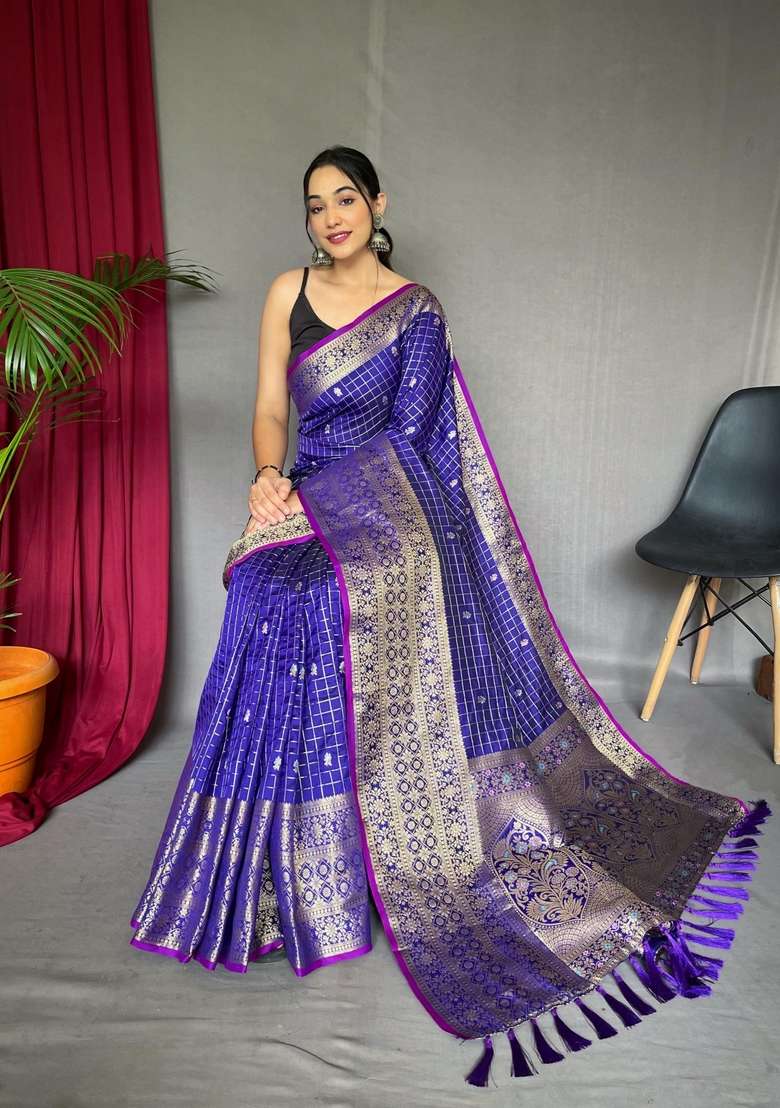Purple Silk Blend Saree Set with Zari Work for Diwali | Wedding & Festive Wear - Indya