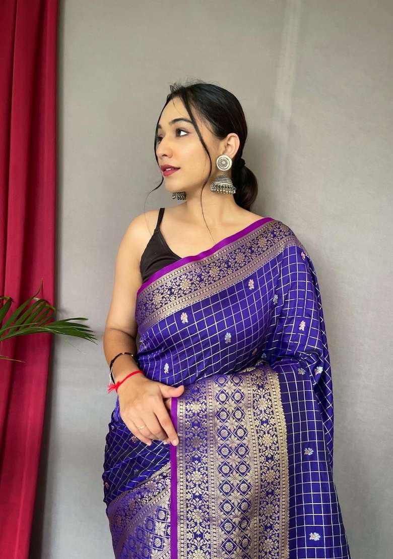 Purple Silk Blend Saree Set with Zari Work for Diwali | Wedding & Festive Wear - Indya