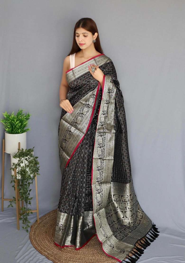 Black Silk Blend Saree Set with Zari Work for Diwali | Wedding & Festive Wear - Indya